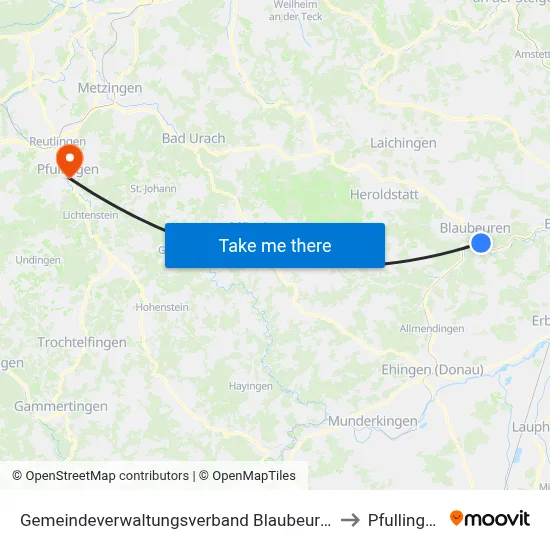 Gemeindeverwaltungsverband Blaubeuren to Pfullingen map