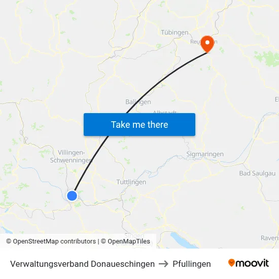 Verwaltungsverband Donaueschingen to Pfullingen map