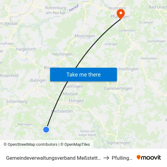 Gemeindeverwaltungsverband Meßstetten to Pfullingen map