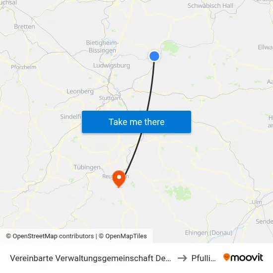 Vereinbarte Verwaltungsgemeinschaft Der Stadt Backnang to Pfullingen map