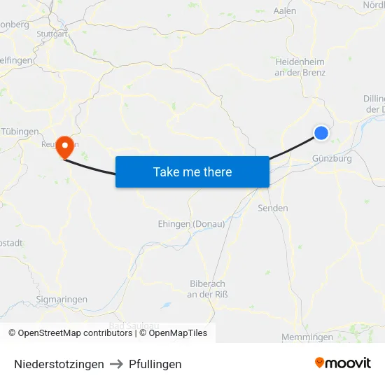 Niederstotzingen to Pfullingen map