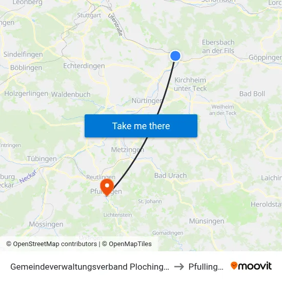 Gemeindeverwaltungsverband Plochingen to Pfullingen map