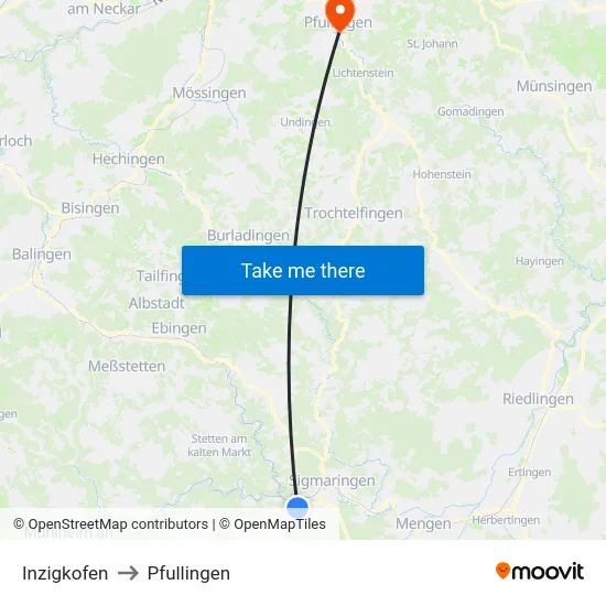 Inzigkofen to Pfullingen map