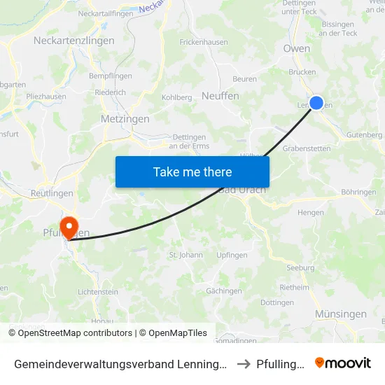 Gemeindeverwaltungsverband Lenningen to Pfullingen map