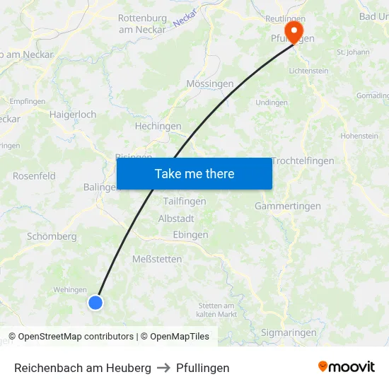 Reichenbach am Heuberg to Pfullingen map