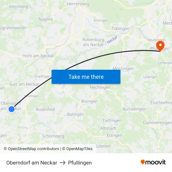 Oberndorf am Neckar to Pfullingen map