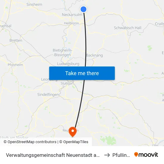 Verwaltungsgemeinschaft Neuenstadt am Kocher to Pfullingen map