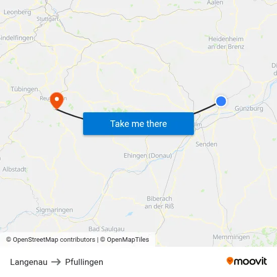 Langenau to Pfullingen map