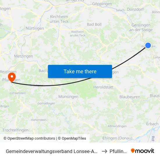 Gemeindeverwaltungsverband Lonsee-Amstetten to Pfullingen map