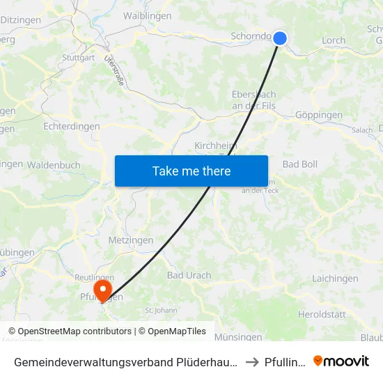 Gemeindeverwaltungsverband Plüderhausen-Urbach to Pfullingen map