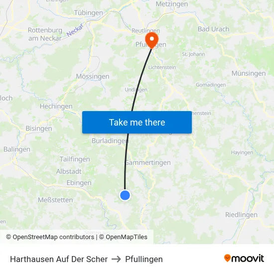 Harthausen Auf Der Scher to Pfullingen map