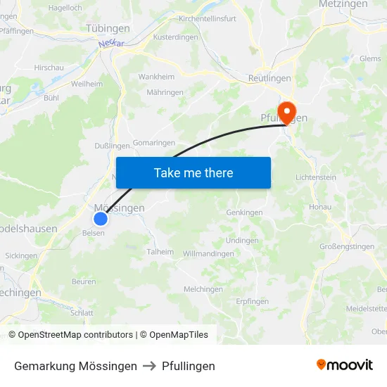 Gemarkung Mössingen to Pfullingen map