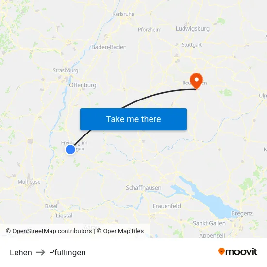 Lehen to Pfullingen map