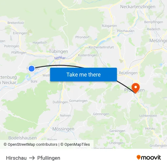 Hirschau to Pfullingen map
