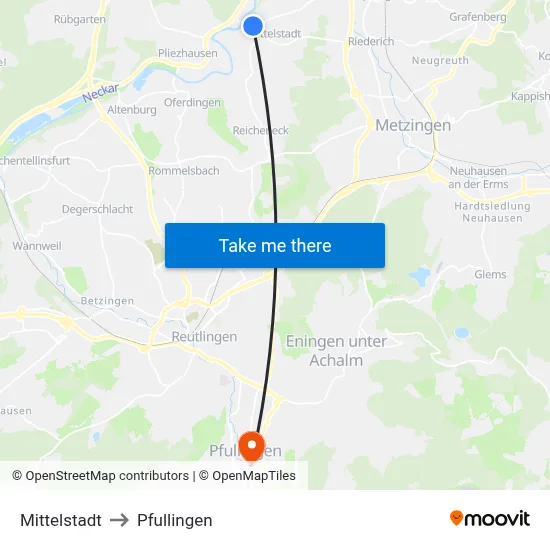 Mittelstadt to Pfullingen map