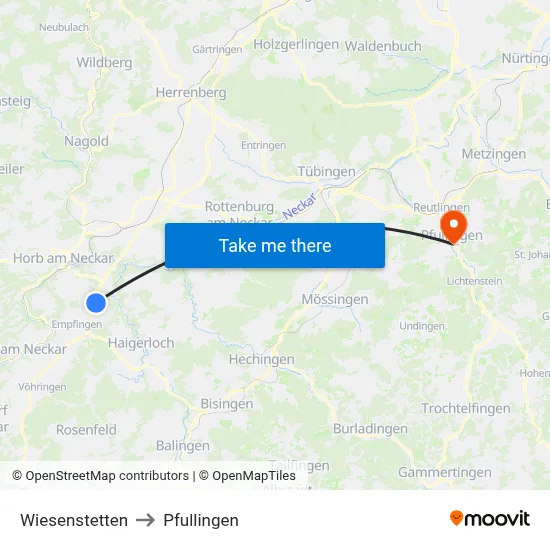 Wiesenstetten to Pfullingen map