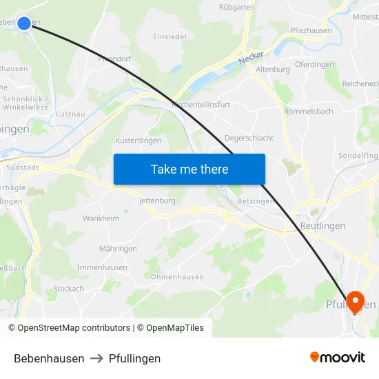 Bebenhausen to Pfullingen map