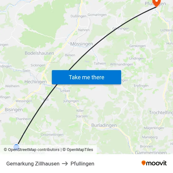 Gemarkung Zillhausen to Pfullingen map