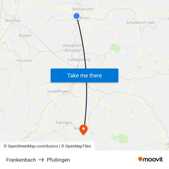 Frankenbach to Pfullingen map