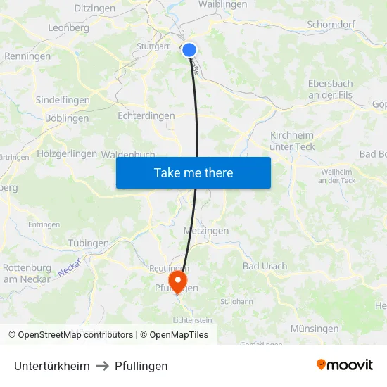 Untertürkheim to Pfullingen map