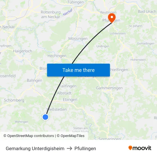 Gemarkung Unterdigisheim to Pfullingen map