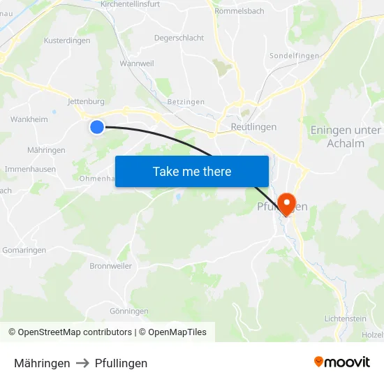 Mähringen to Pfullingen map