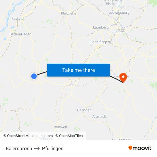 Baiersbronn to Pfullingen map