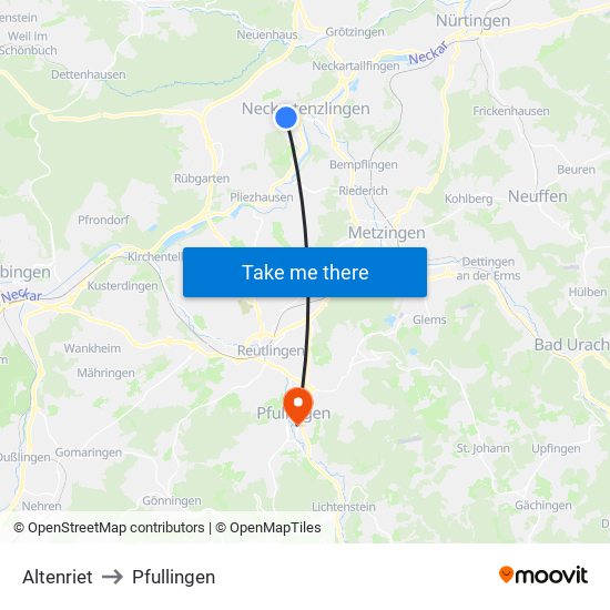 Altenriet to Pfullingen map