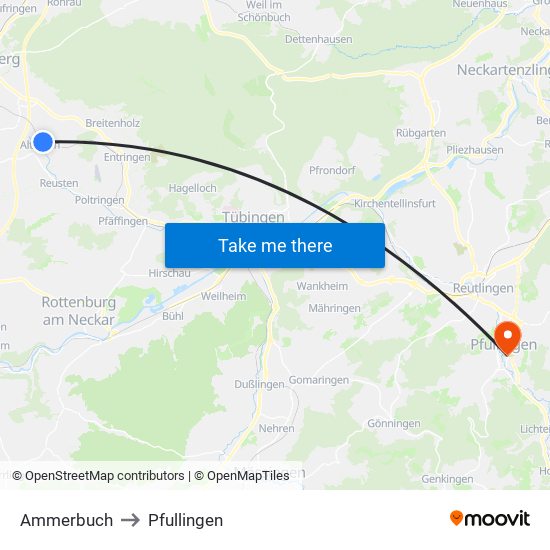 Ammerbuch to Pfullingen map