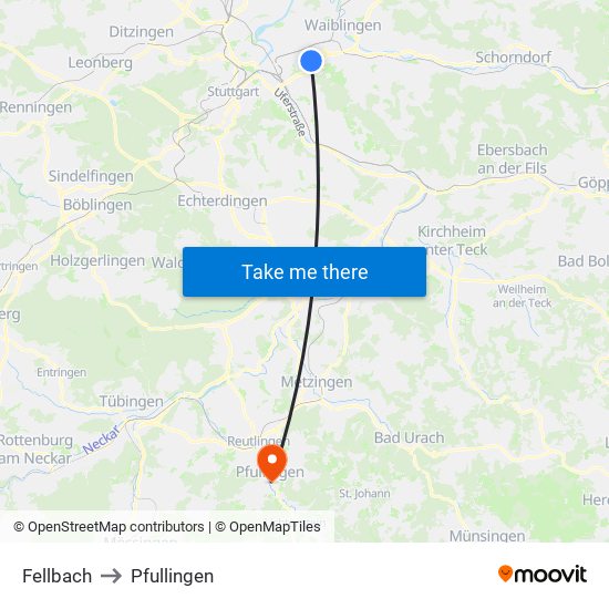 Fellbach to Pfullingen map
