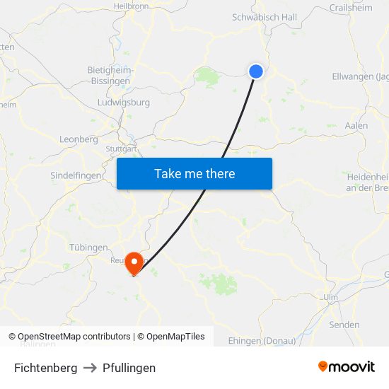 Fichtenberg to Pfullingen map