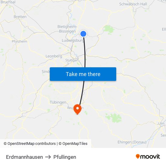 Erdmannhausen to Pfullingen map