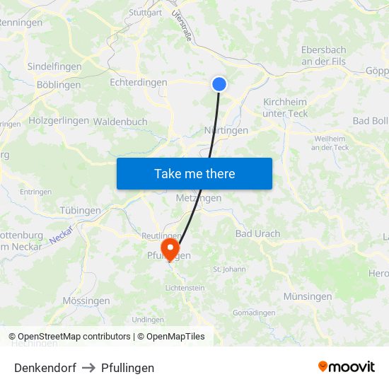 Denkendorf to Pfullingen map