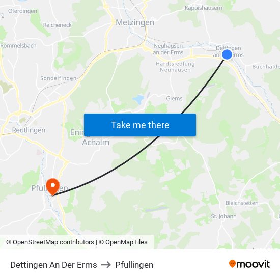 Dettingen An Der Erms to Pfullingen map