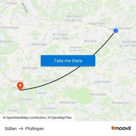 Süßen to Pfullingen map