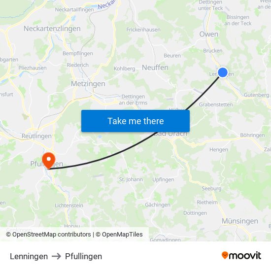 Lenningen to Pfullingen map