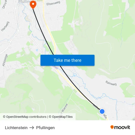 Lichtenstein to Pfullingen map