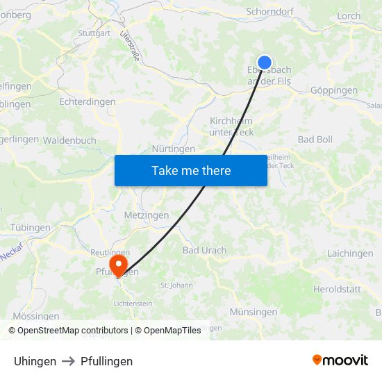 Uhingen to Pfullingen map