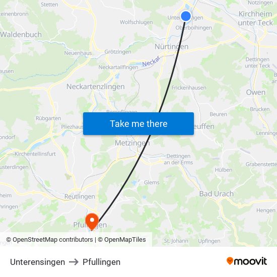 Unterensingen to Pfullingen map