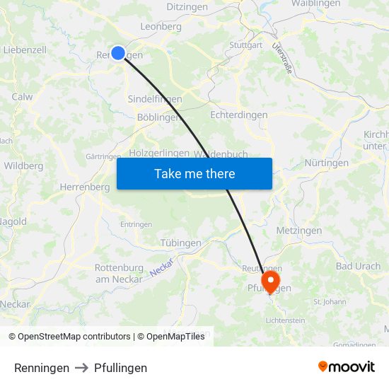 Renningen to Pfullingen map