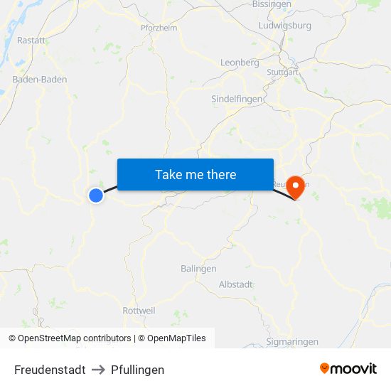 Freudenstadt to Pfullingen map