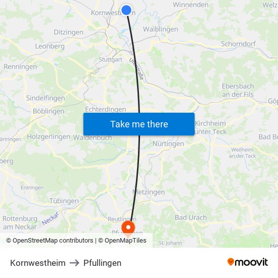 Kornwestheim to Pfullingen map