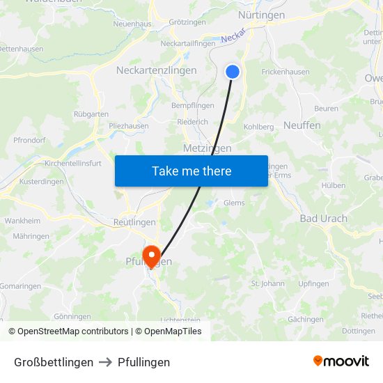 Großbettlingen to Pfullingen map