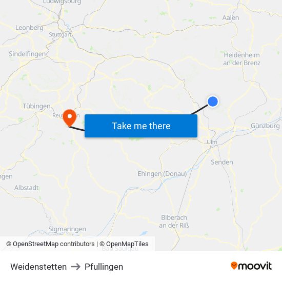 Weidenstetten to Pfullingen map