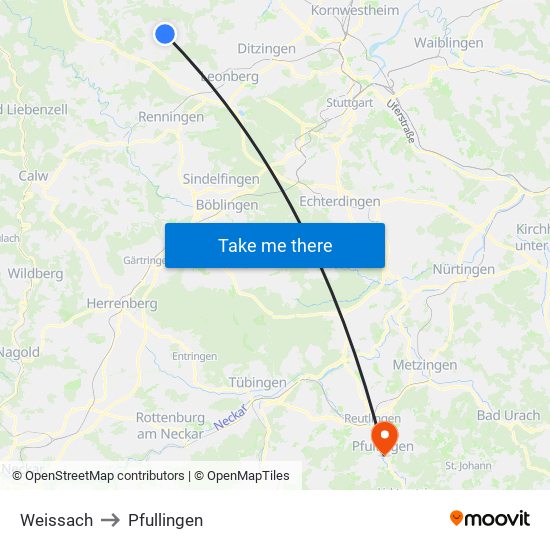 Weissach to Pfullingen map