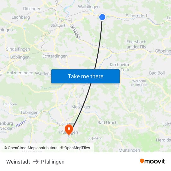 Weinstadt to Pfullingen map