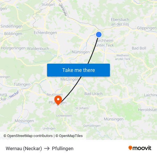 Wernau (Neckar) to Pfullingen map