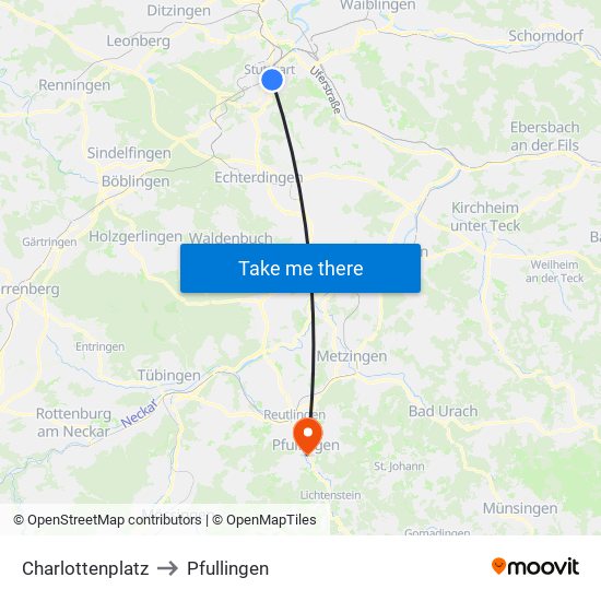 Charlottenplatz to Pfullingen map