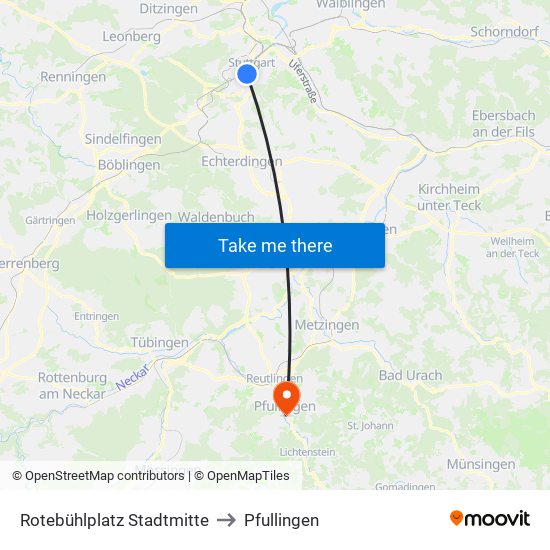 Rotebühlplatz Stadtmitte to Pfullingen map