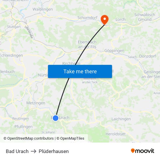 Bad Urach to Plüderhausen map